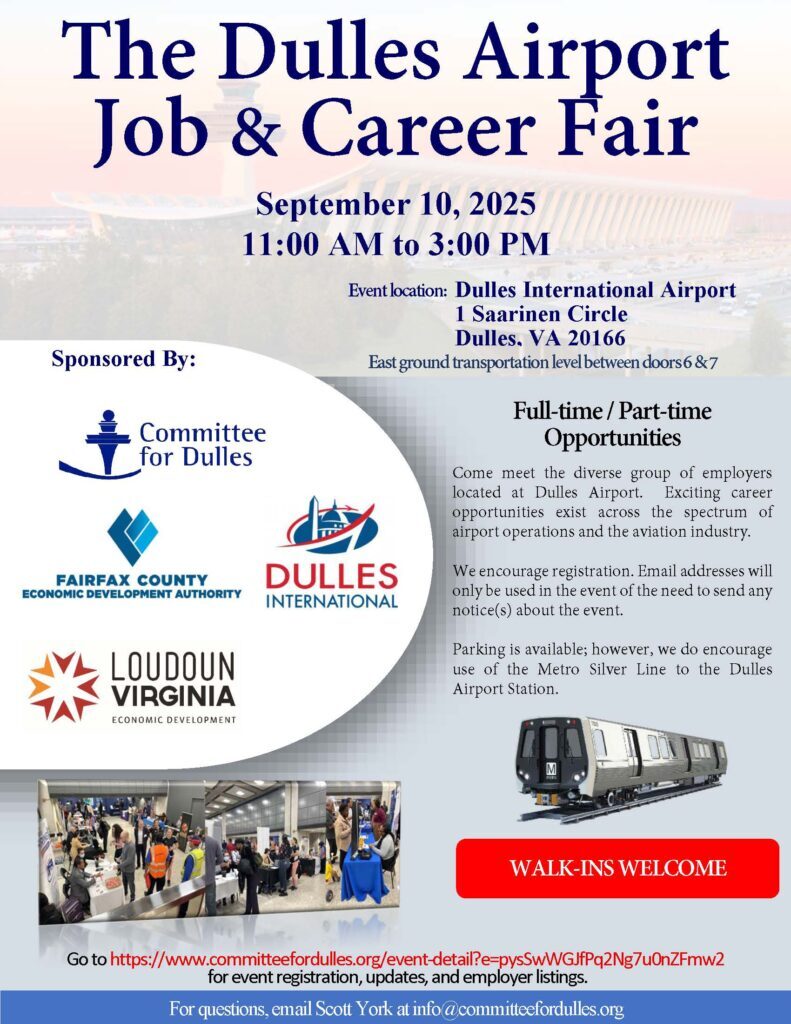 Dulles Airport job and career fair flyer - September 10, 2025, 11am to 3pm at Dulles Airport