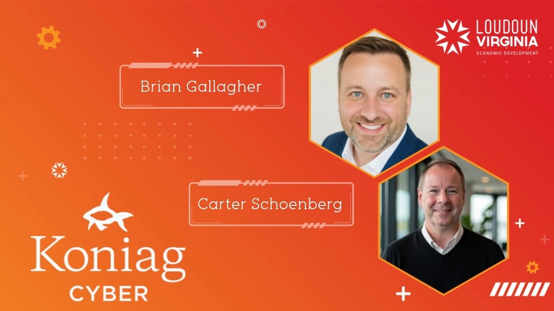 Two men smiling in hexagon frames: Brian Gallagher and Carter Schoenberg with Koniag Cyber